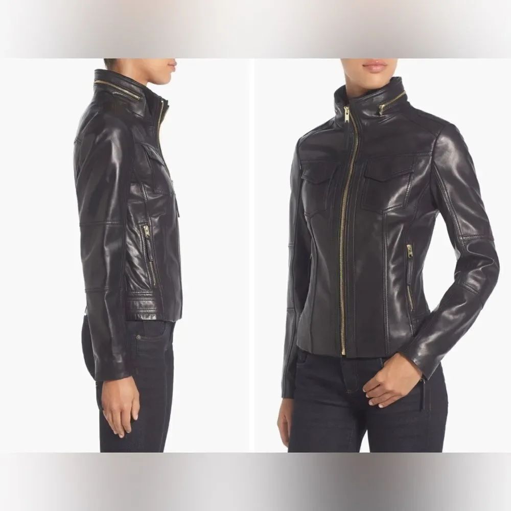 MICHAEL Michael Kors Leather Moto Jacket Front Zip Leather Jacket